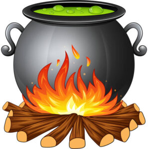 Vector illustration of Cauldron with boiling green potion on wood fire